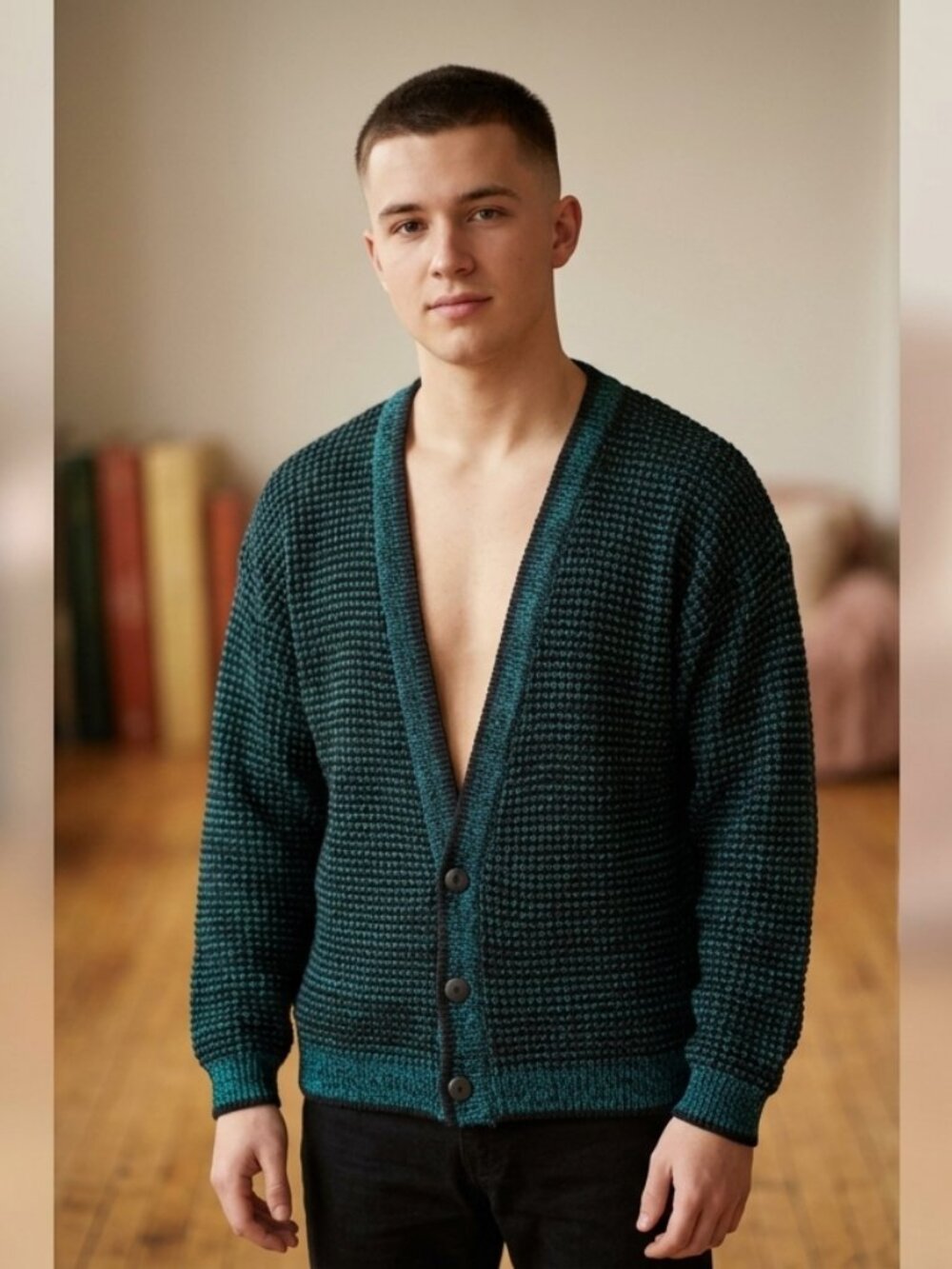 STREET CLOSED V-Neck Buttoned Cardigan Sweater Marled Black/Teal Knit Men's XL